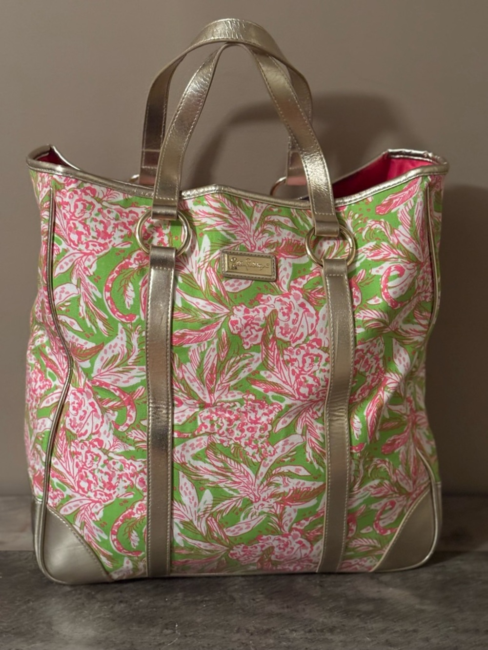 Lilly Pulitzer Pink and Green Floral Canvas Tote with Gold Trim EUC